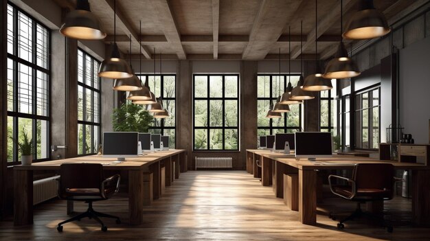 Vue de face d'un intérieur de bureau avec une rangée de tables en bois sombre debout sous de grandes fenêtres