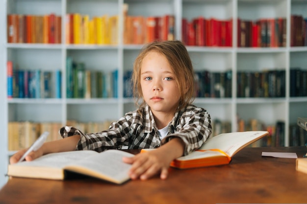 Vue de face d'une jolie écolière enfant faisant ses devoirs en lisant un livre de papier assis à table dans