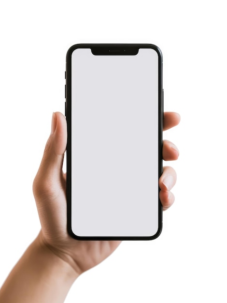Vue de face d'une main tenant un smartphone isolé sur fond blanc
