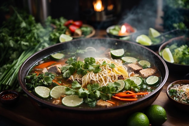 vue de face nouilles ramen asiatiques élevées sur des baguettes sur une table sombre