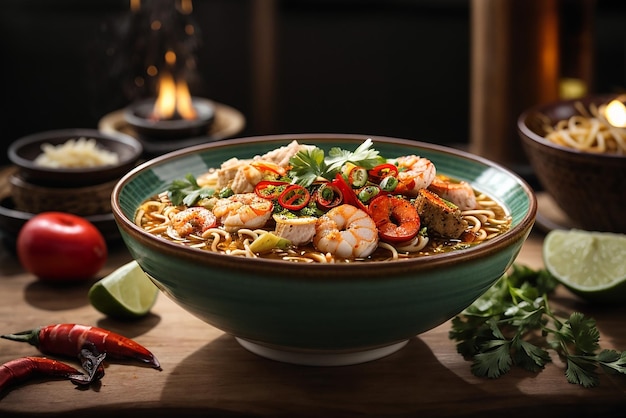 vue de face nouilles ramen asiatiques élevées sur des baguettes sur une table sombre