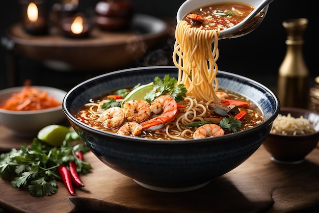 vue de face nouilles ramen asiatiques élevées sur des baguettes sur une table sombre