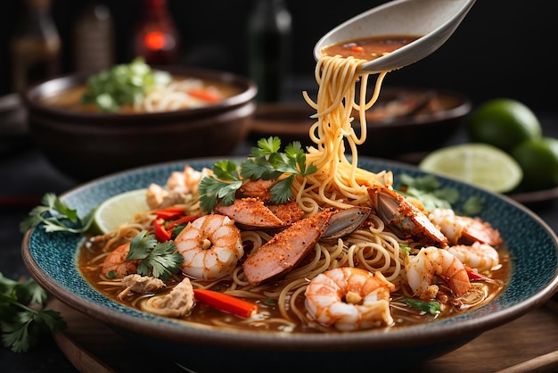 vue de face nouilles ramen asiatiques élevées sur des baguettes sur une table sombre