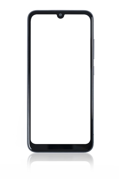 Vue de face d'une nouvelle maquette de smartphone noir moderne avec écran blanc vierge et reflet miroir isolé sur fond blanc détails élevés