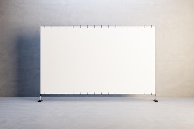 Vue de face sur un panneau d'affichage blanc vierge avec un espace pour votre texte ou votre logo au centre d'une pièce vide avec un sol clair et un fond de mur en béton maquette de rendu 3D