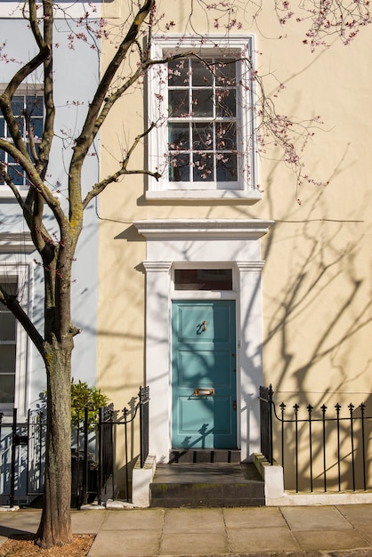 Photo vue de face de la porte d'entrée avec mur beige et arbre