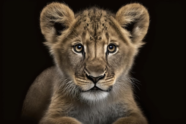 Vue de face d'un portrait d'un lionceau regardant la caméra isolée sur fond noir