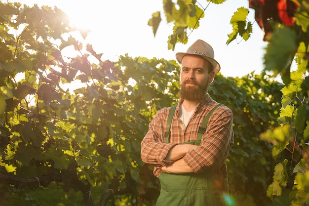 Vue de face regardant la caméra jeune homme viticulteur agriculteur ouvrier vignoble bras croisés sur la poitrine sourire