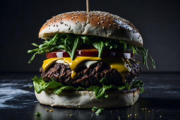 vue de face savoureux burger de viande avec fromage et salade sur dark