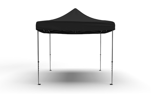 Vue de face d'une tente Gazebo pour les expositions avec une couverture en tissu noir isolée pour les maquettes