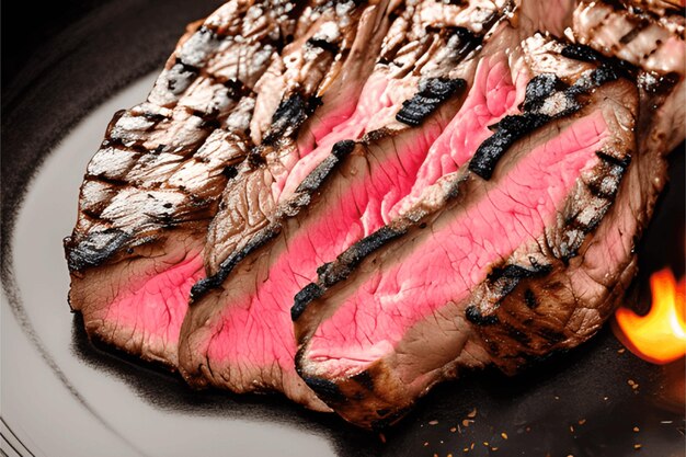 Une vue de face de la viande frite avec des verts à l'intérieur de la plaque sombre sur le dîner de repas de bureau en bois brun