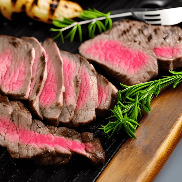 Une vue de face de la viande frite avec des verts à l'intérieur de la plaque sombre sur le dîner de repas de bureau en bois brun