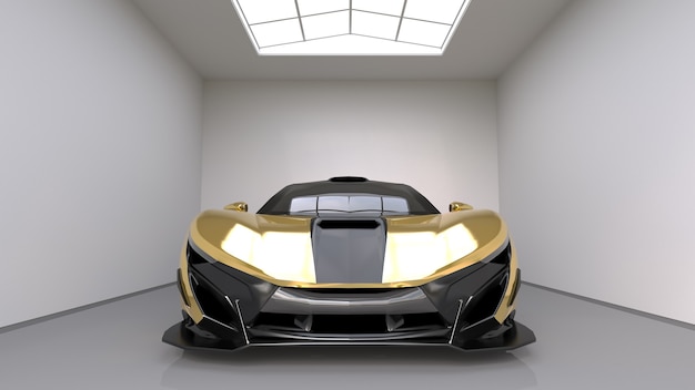Photo vue de face d'une voiture de sport l'image d'une voiture de sport jaune sur une illustration 3d d'une salle de studio