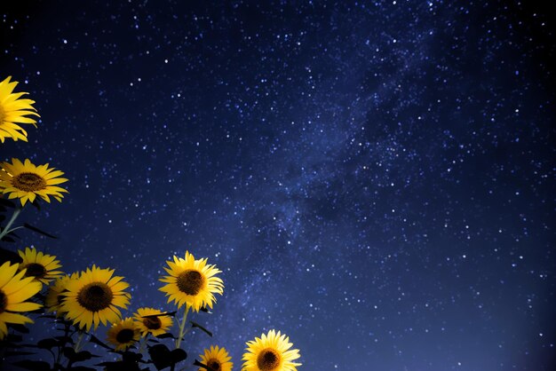 Photo vue à faible angle des fleurs jaunes contre le champ d'étoiles