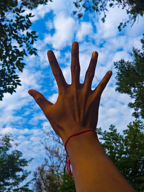 Photo vue à faible angle de la main faisant des gestes contre le ciel