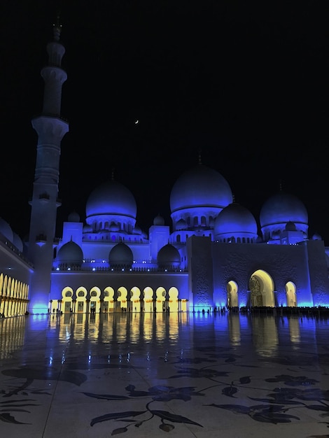 Vue à faible angle de la mosquée éclairée du cheikh Zayed contre le ciel la nuit