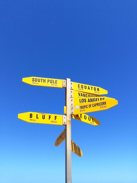 Photo vue à faible angle des panneaux de signalisation contre le ciel bleu pendant une journée ensoleillée