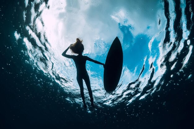 Photo vue à faible angle de la silhouette d'une femme debout dans l'eau