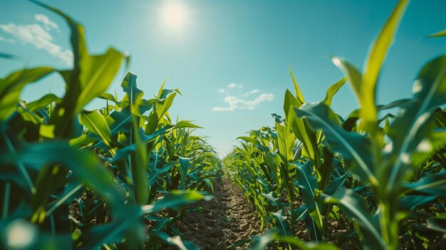 Photo vue à faible angle des tiges de maïs vertes poussant dans un champ agricole avec un ciel dégagé