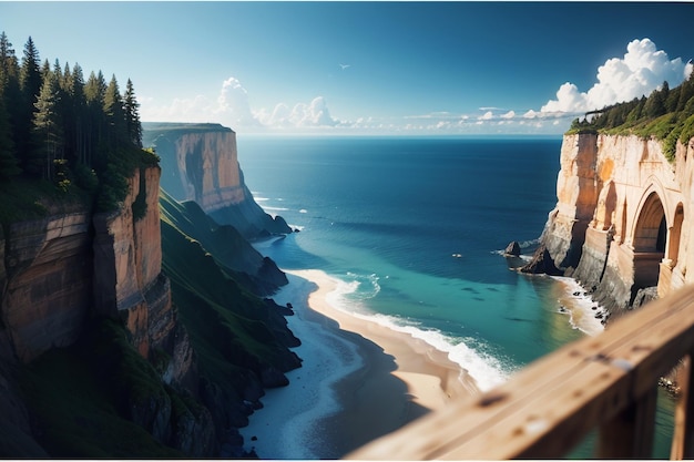 Une vue d'une falaise avec une plage et l'océan en arrière-plan.