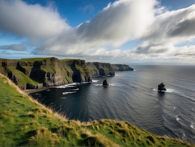 une vue d'une falaise avec un plan d'eau au premier plan