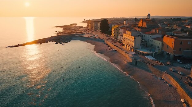 Vue fantastique du drone des vagues d'eau calme avec le lever et le coucher du soleil orange plage d'île tropicale