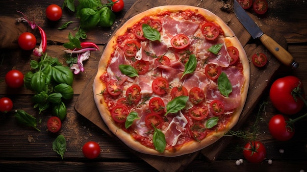 Une vue fantastique du haut d'une pizza maison fraîche avec du jambon serrano