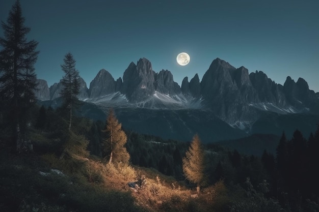 Vue fantastique sur les montagnes du paysage de montagne de nuit avec des lumières de lune