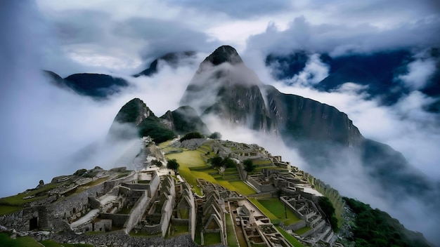 Photo vue fascinante de machu picchu au pérou couverte de nuages