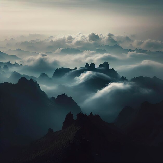 Vue fascinante des paysages rocheux couverts de nuages prise d'un sommet