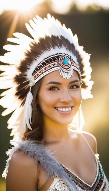 Vue d'une femme portant une coiffure avec des plumes sur la tête