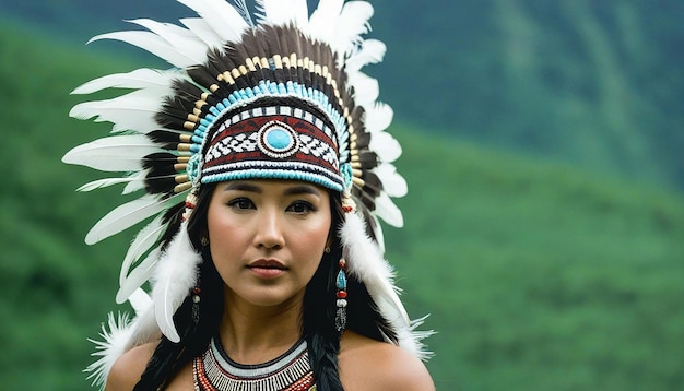 Vue d'une femme portant une coiffure avec des plumes sur la tête