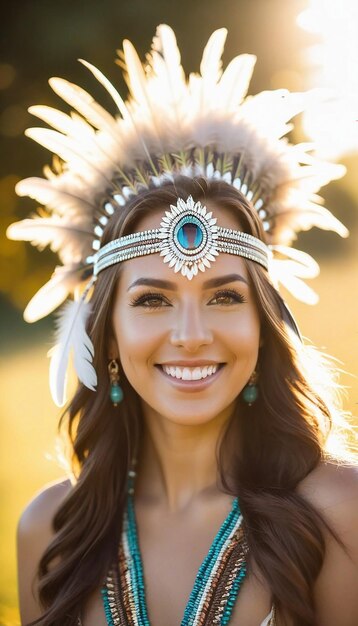 Vue d'une femme portant une coiffure avec des plumes sur la tête