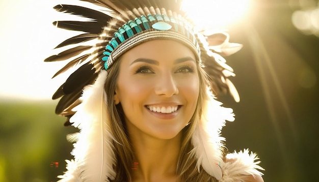 Vue d'une femme portant une coiffure avec des plumes sur la tête