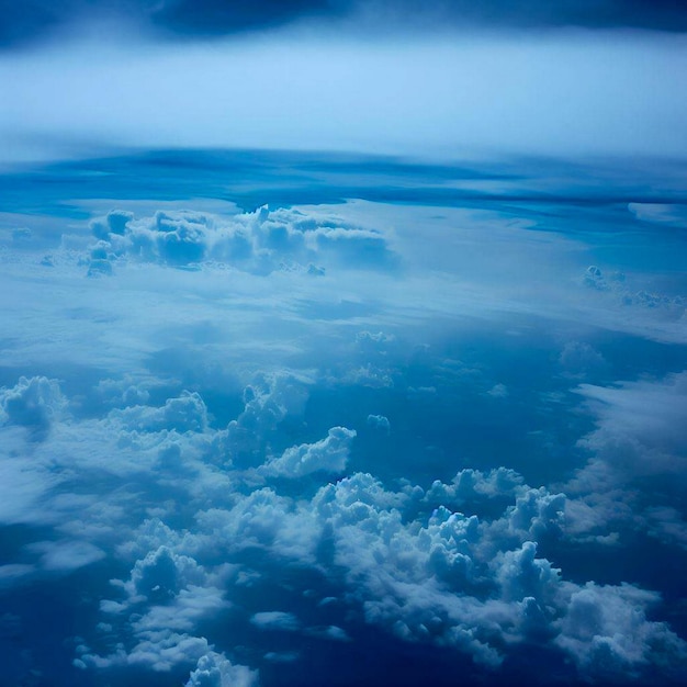 Vue de la fenêtre de l'avion sur le fond de ciel bleu profond nuageux