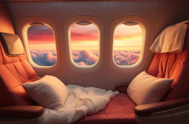 Vue de la fenêtre de l'avion sur les nuages et le ciel au coucher du soleil Concept de voyage