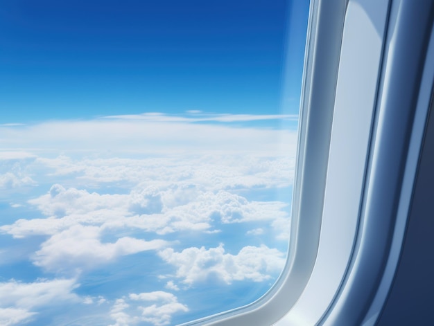 Photo vue de la fenêtre de l'avion avec des nuages et un ciel bleu