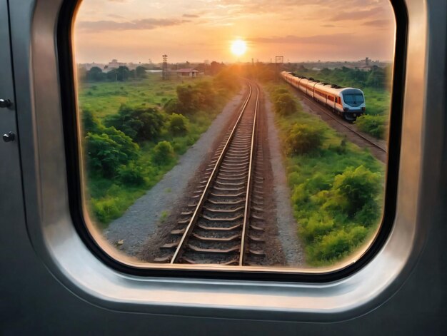 Vue de la fenêtre du train au coucher du soleil