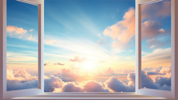 Vue de la fenêtre ouverte sur le ciel avec le lever du soleil des nuages