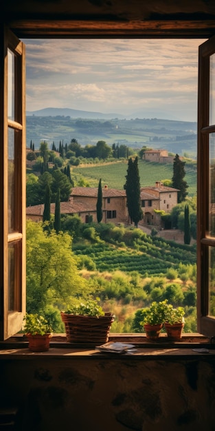 Vue de la fenêtre d'un pittoresque village italien de la Toscane
