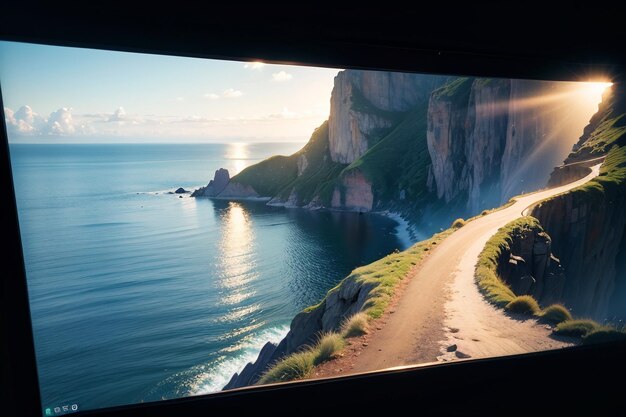 Une vue d'une fenêtre d'une route côtière.