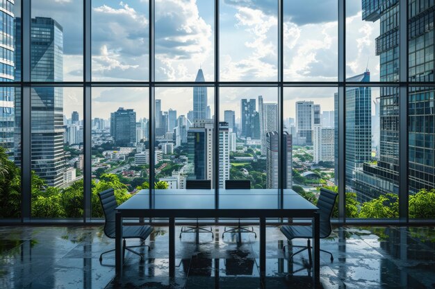 Vue de la fenêtre de la ville de l'horizon moderne à travers le cadre du bureau du gratte-ciel