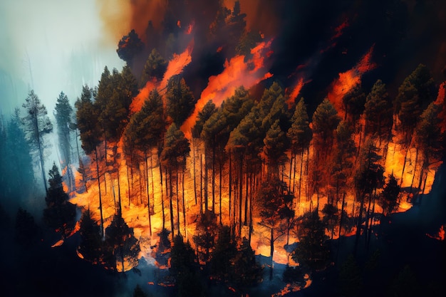 Une vue de feu brûle dans une forêt d'en haut Écologie Dommages Destruction Risque Danger Chaleur Chaude Combustion Allumage Inferno Raging Crisis Trouble Spirit