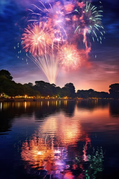 Photo vue de feux d'artifice éclairant le ciel au-dessus d'une rivière avec la réflexion des couleurs sur l'eau