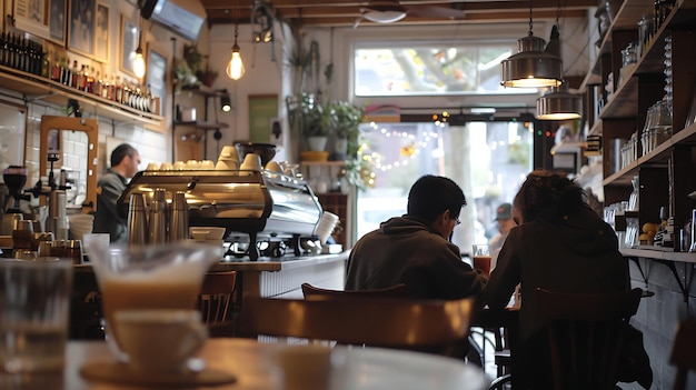 Vue floue d'un couple assis à une table de café avec un barista en arrière-plan faisant du café