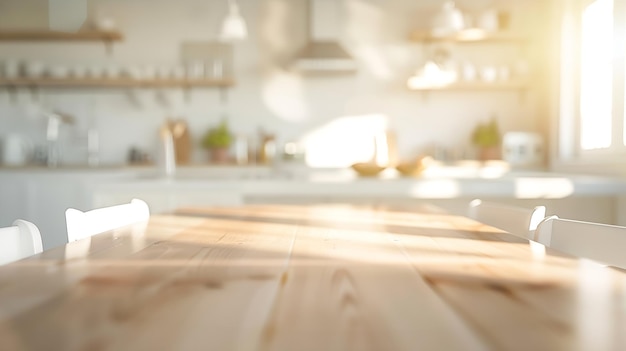 Vue floue d'une cuisine moderne avec des meubles blancs avec une table en bois IA générative