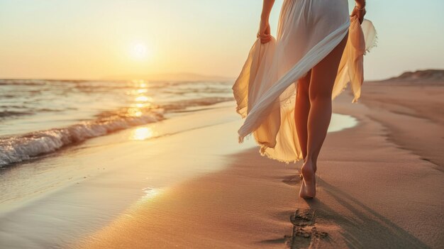 Vue de fond rapprochée des jambes d'une femme marchant pieds nus le long d'une belle plage