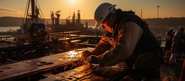 Photo vue d'un forage pétrolier avec des silhouettes de travailleurs pétroliers au travail