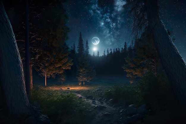 Une vue de la forêt avec un ciel étoilé, la lune et de grands arbres arrière-plan super réaliste IA générative
