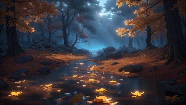 Vue de la forêt mystérieuse et sereine dans les nuits d'automne